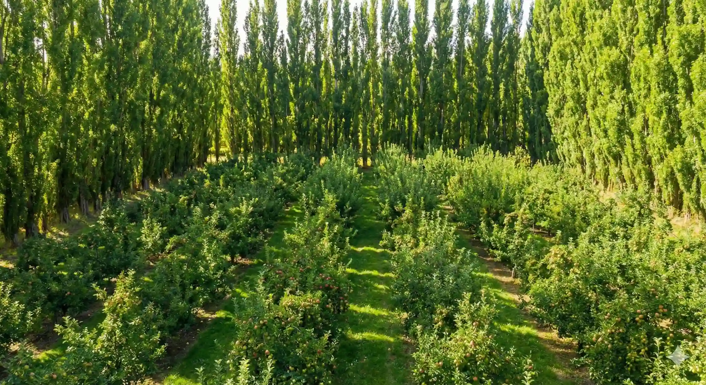 استفاده از درخت صنوبر به عنوان بادشکن در اطراف باغ‌های میوه.